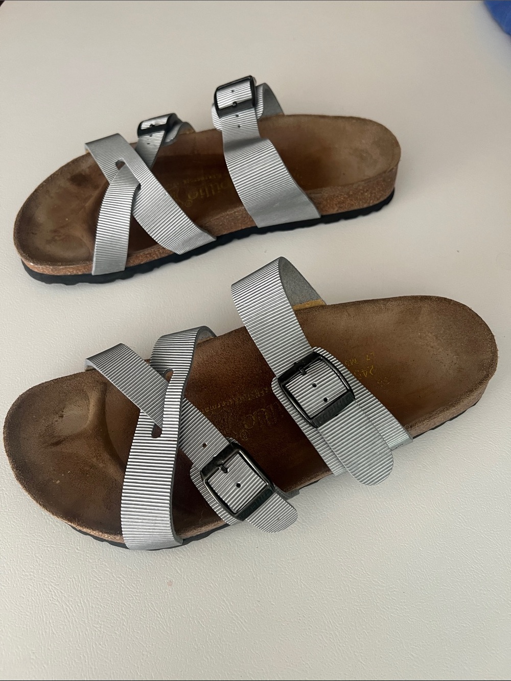 By Birkenstock Papillio made by Birkenstock Silver Textured Buckle Sandals